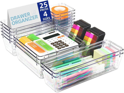 Acrylic Clear Drawer Organiser Set, 25 Pieces (4 Sizes)