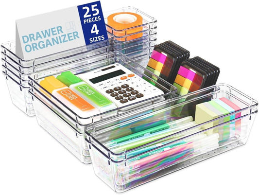 Acrylic Clear Drawer Organiser Set, 25 Pieces (4 Sizes)