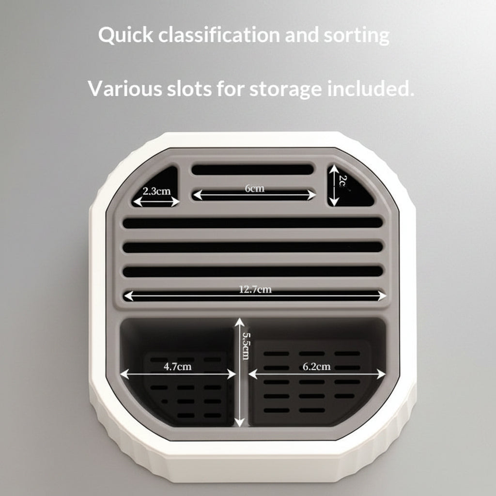 Storage organizer with dimensions on a wooden background
