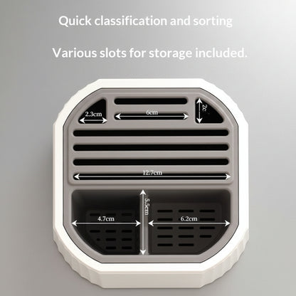 Storage organizer with dimensions on a wooden background