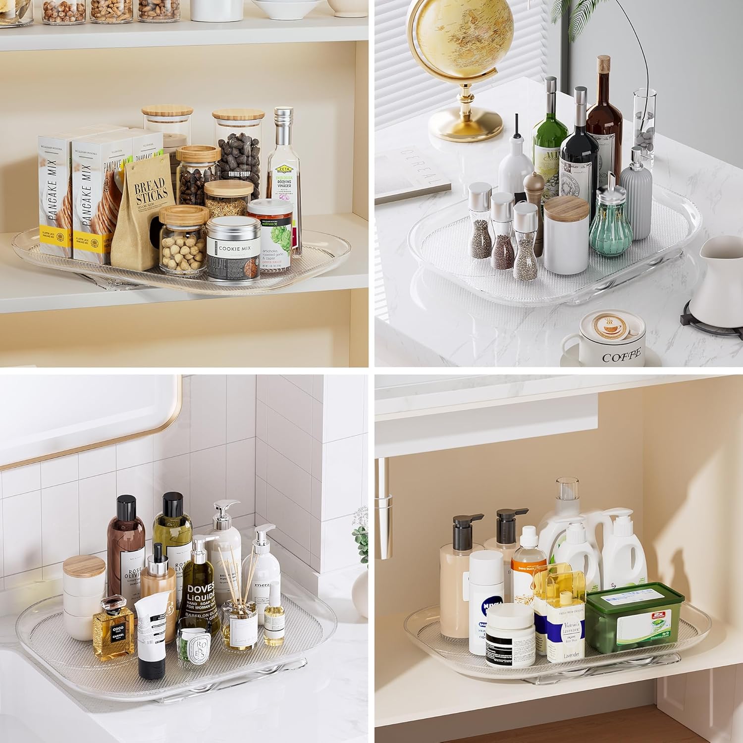 Collage of various trays with skincare products, bottles, and containers on a white surface.
