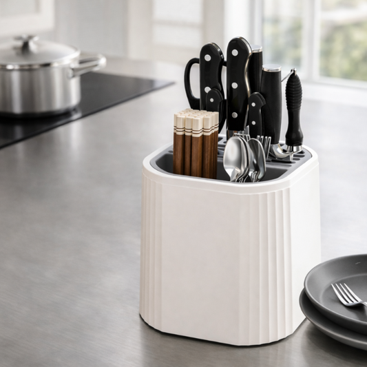 White knife block with cutlery on a kitchen counter