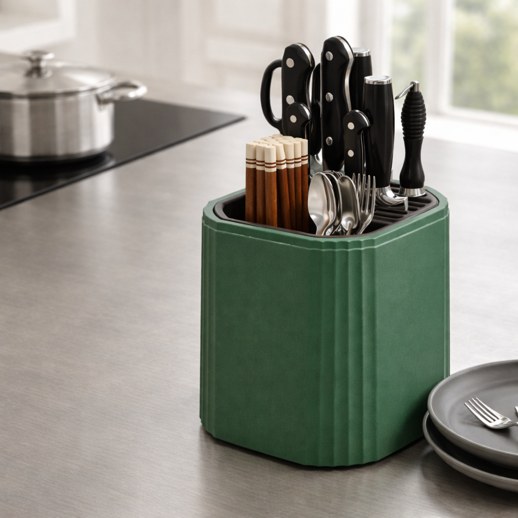 Green knife block with cutlery on a kitchen counter
