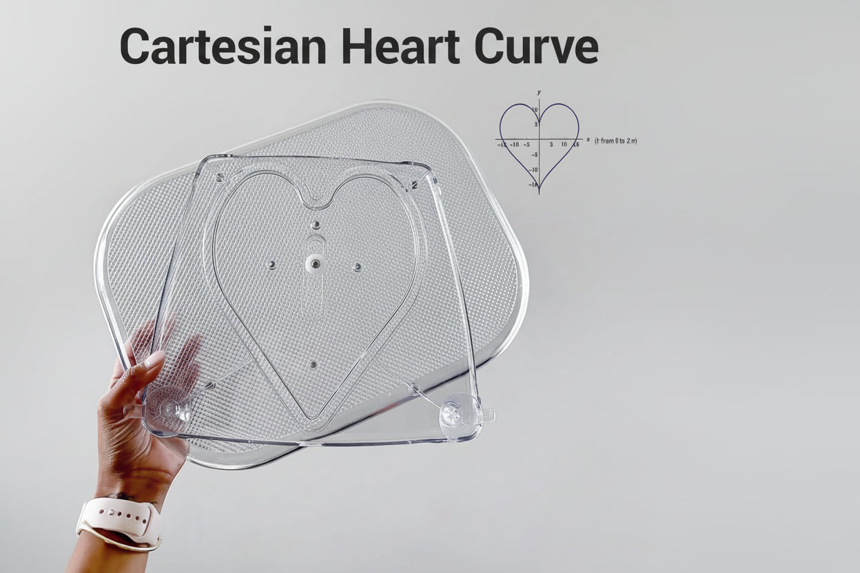 Clear heart-shaped product held by a hand with 'Cartesian Heart Curve' text and design diagram on a gray background.