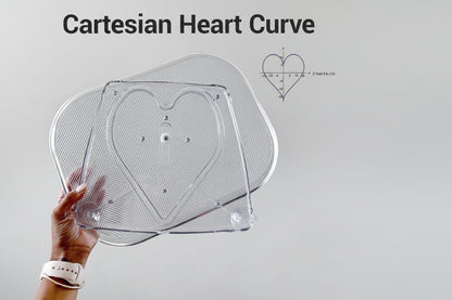 Clear heart-shaped product held by a hand with 'Cartesian Heart Curve' text and design diagram on a gray background.