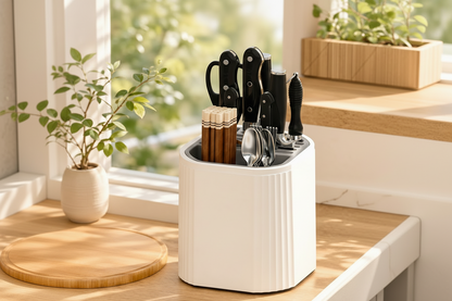 Knife block with utensils on a kitchen counter with avocado and a plant in the background