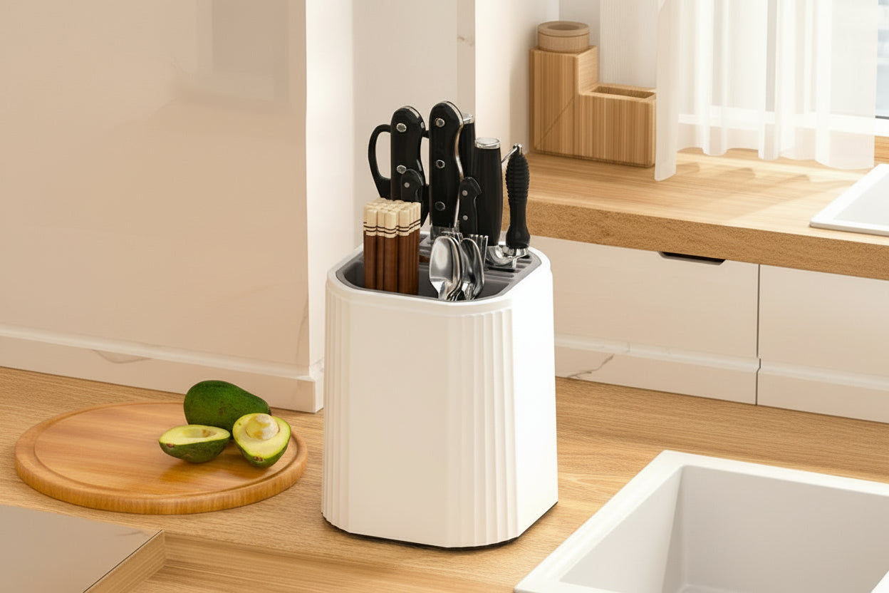 Knife block with 360-degree rotation feature on a kitchen counter.