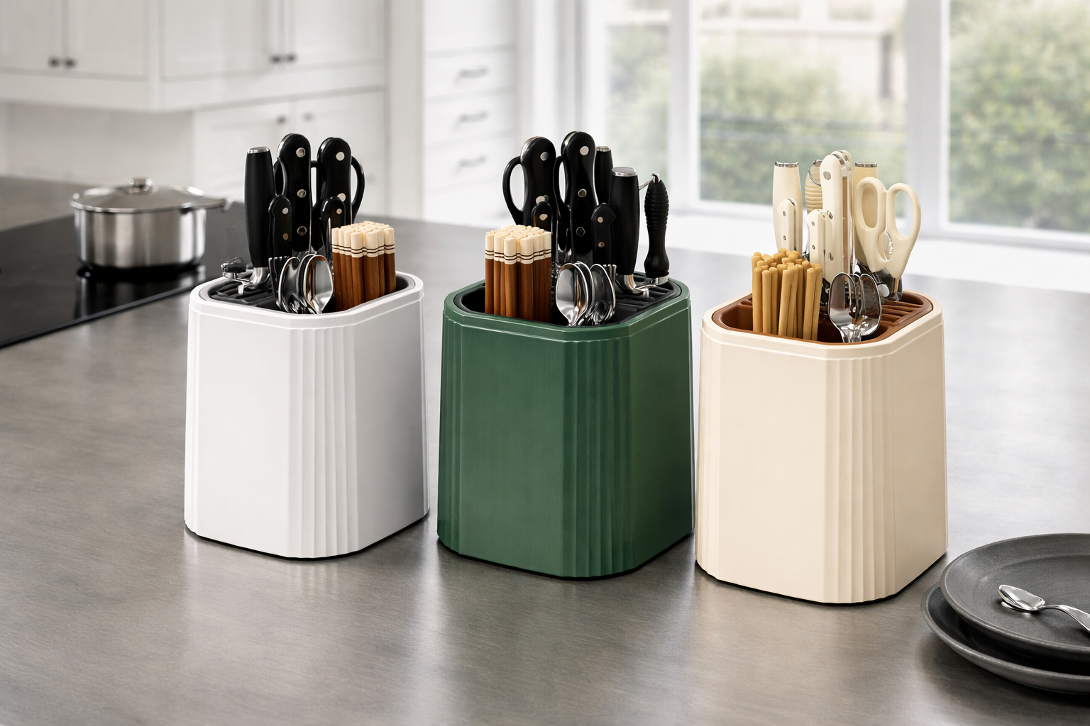 Three kitchen utensil holders in white, green, and beige on a kitchen counter.