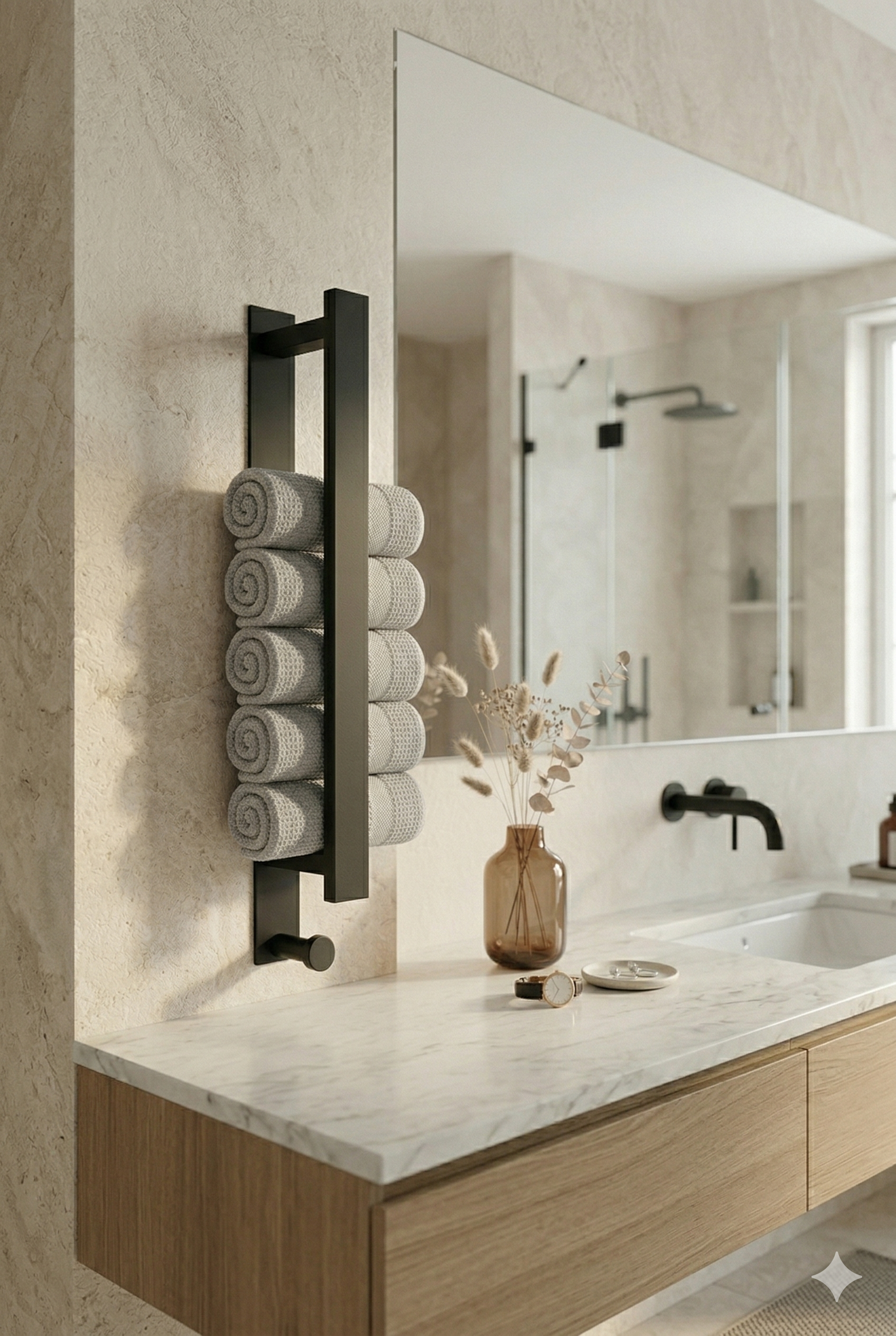 Bathroom with towel rack holding rolled towels, mirror, and sink.
