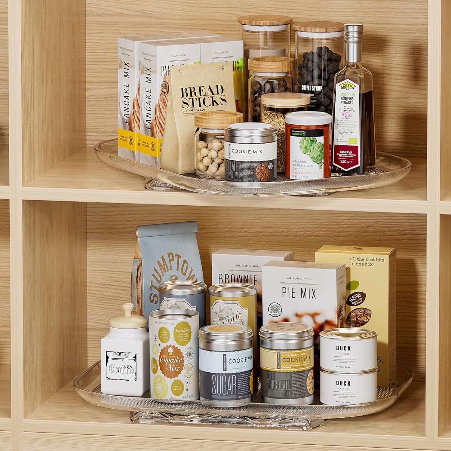 Wooden shelves with various baking ingredients and products on a neutral background
