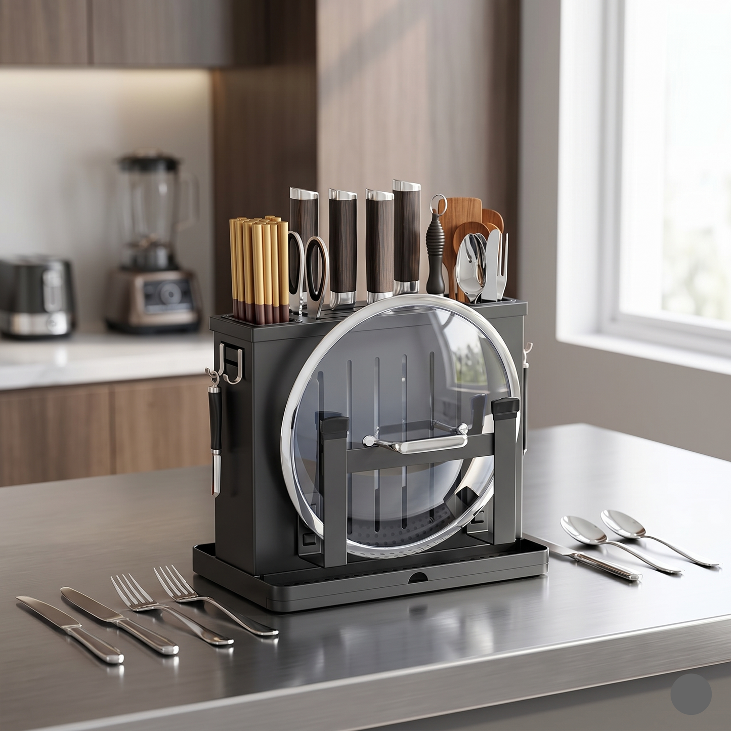 Stainless Steel Multi-Function Knife, Cutlery and Chopping Board Holder