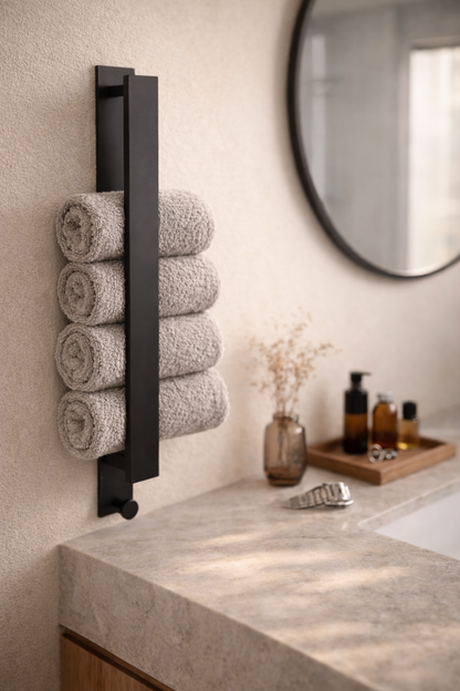 Towel rack with folded towels in a bathroom setting