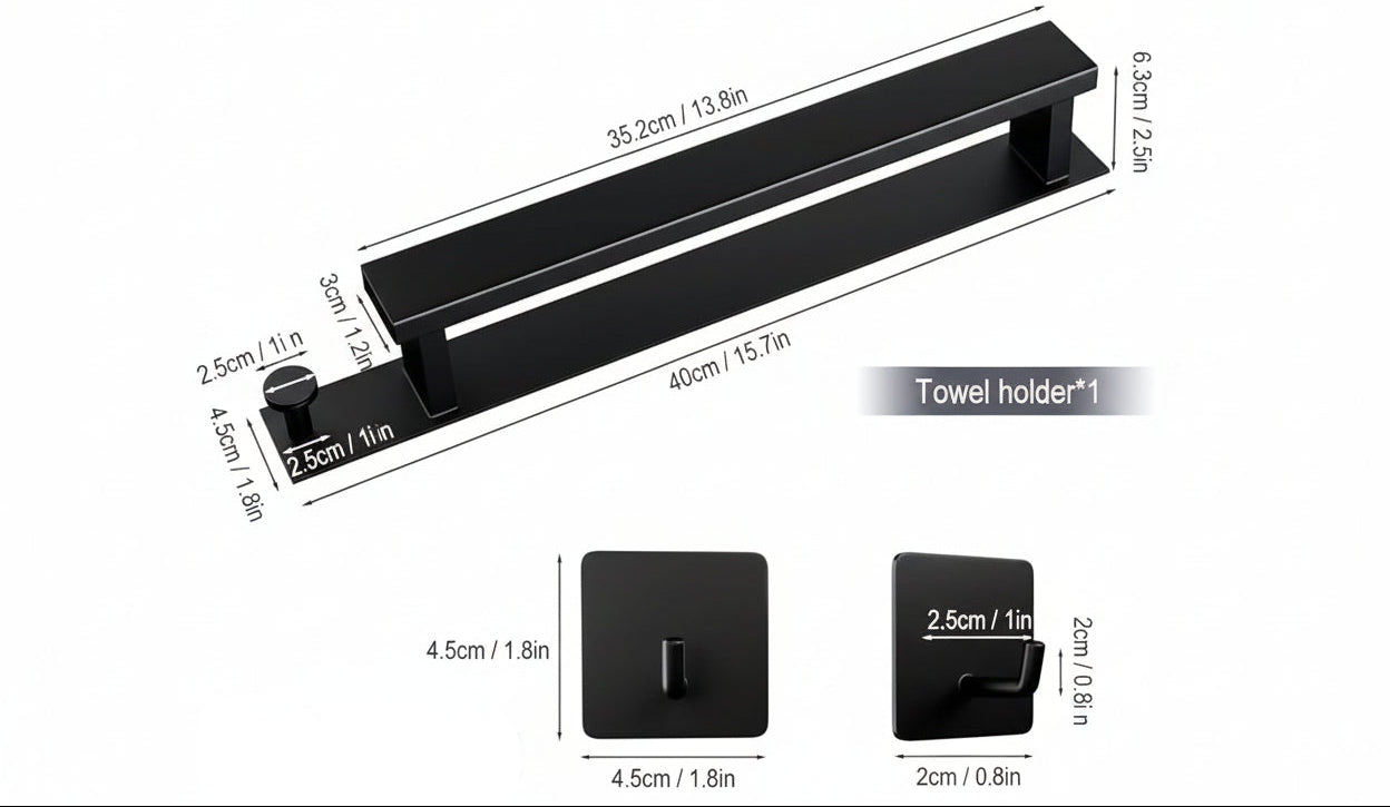 Black towel holder with dimensions labeled on a white background