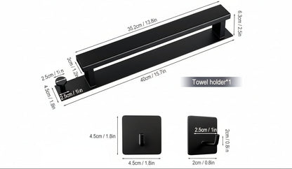 Black towel holder with dimensions labeled on a white background
